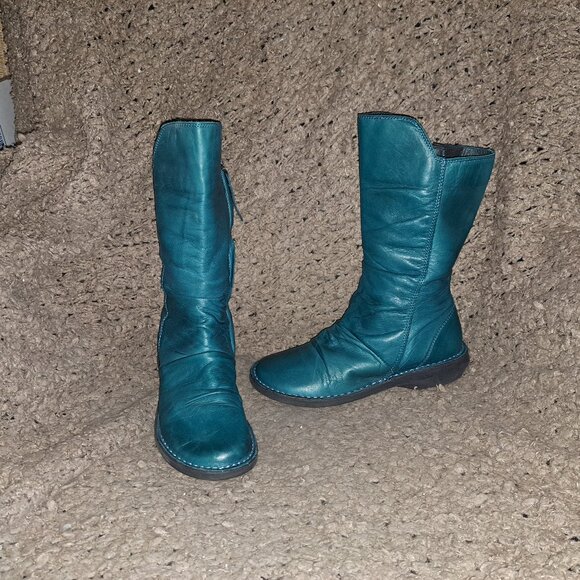 MIZ MOOZ-Teal Leather Ruched Mid Boots-Parnell-Rare Color-Sz 36-Near Mint - Picture 1 of 7